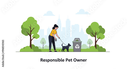 Illustration of a responsible pet owner picking up dog waste in a city park with a trash bin and cityscape in the background.