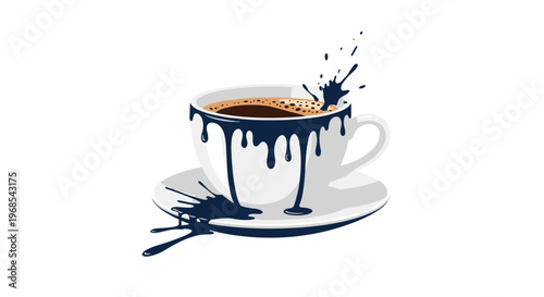 A white coffee cup with dark liquid and a matching saucer are covered in dark blue drips and splashes, isolated on a white background.
