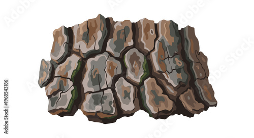 A rough, irregularly shaped piece of tree bark with various shades of brown and grey, featuring green moss, is isolated on a white background.