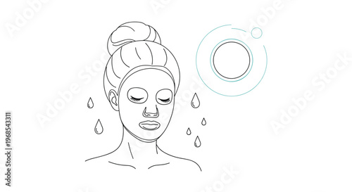 Simple line art of a woman wearing a facial sheet mask for skin care and beauty treatment in a spa or at home.