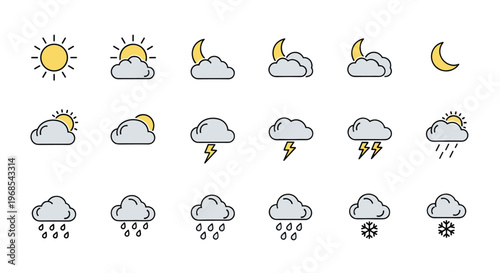 Minimalist set of weather forecast icons featuring various sky conditions like sunny, cloudy, rainy, and snowy for mobile applications.