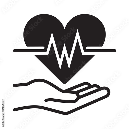Heart health symbol with electrocardiogram and protective hands below