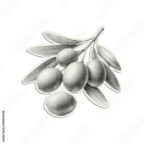 Vector olive branch. Trendy retro cut out element with a halftone effect for collage, poster, banner, cover design.