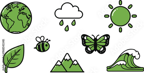 Eco friendly nature icons set, green environment symbols including earth globe and sun, 8 vector elements for sustainability and ecology design isolated PNG with Transparent Background