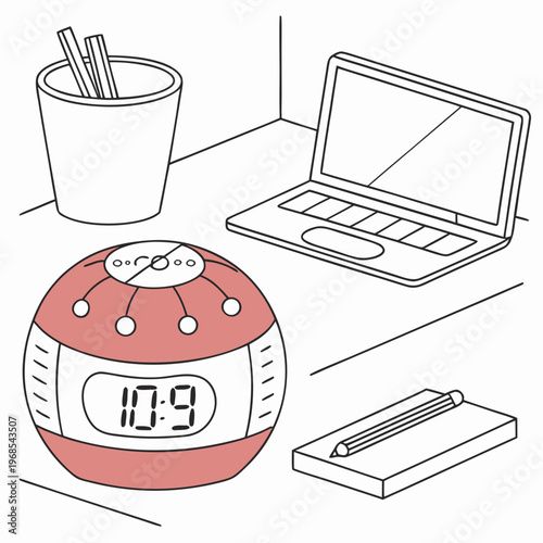 Desk with alarm clock, laptop, cup, and notepad