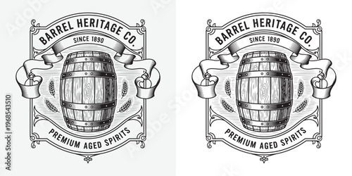 Premium Aged Spirits Vintage Label with Wooden Barrel and Barley Stalks