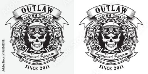 Outlaw Custom Garage Biker Logo with Skull Piston and Engine Gears