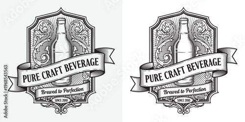 Pure Craft Beverage Vintage Logo with Bottle and Radiating Sunburst Frame