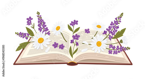 An open book with blank pages is adorned with purple and white flowers and scattered petals, lying flat on a white background.