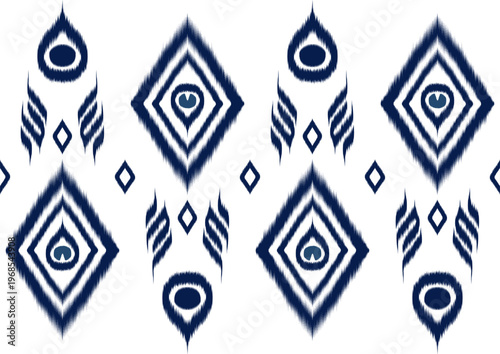Traditional Indigo Blue Ikat Pattern with Ornate Diamond and Teardrop Motifs
