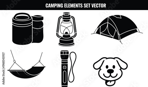 Camping elements set vector illustration featuring black silhouette icons of a tent hammock lantern flashlight thermos containers and a cute dog face for travel.