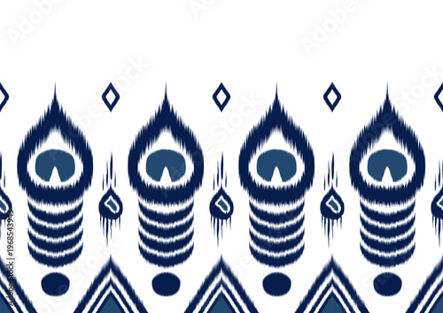 Traditional Indigo Blue Ikat Pattern with Ornate Peacock Eye and Teardrop Motifs