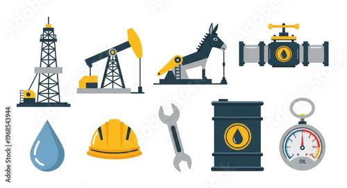 Oil Industry Elements - Rig, Pumpjack, Valve, Barrel, Tools, and Safety Gear.