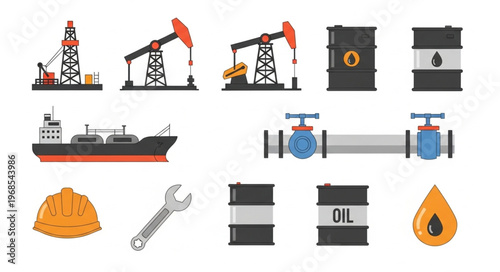 Oil Industry Elements - Rigs, Barrels, Tanker, and Safety Gear.