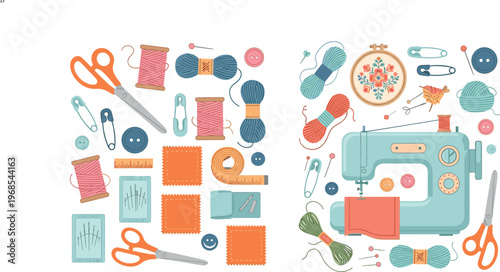 Sewing and Craft Supplies Collection with Scissors, Thread, Needles, Sewing Machine, and Embroidery for DIY and Craft Designs
