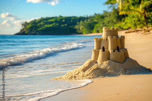 Sandcastle on sunny tropical beach with gentle waves and lush green hills in backdrop. Bright summer scene evokes travel, vacation, childhood memories, for holiday, leisure, tourism, seaside lifestyle