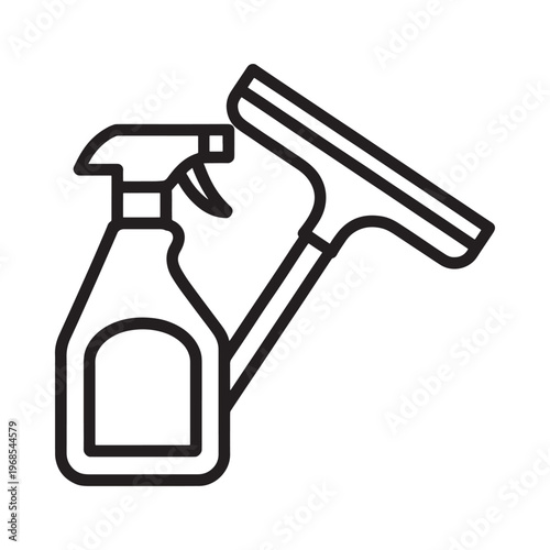 Cleaning tools a spray bottle and squeegee depicted in a line art style