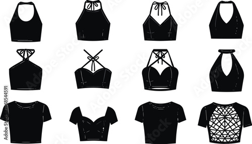 Set of flat vector black silhouette icons featuring various women crop top styles including halter necks, racerbacks, sleeveless blouses, and trendy summer fashion apparel.