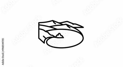 Stylized line drawing of a coastal landscape with mountains and a circular body of water