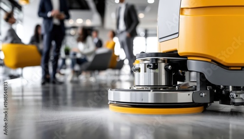 A close-up of an automated floor-cleaning robot working in a modern office with blurred business people in the background.