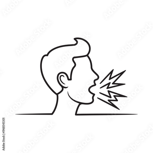 Simple line drawing depicts a man shouting or speaking loudly