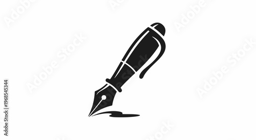 Classic fountain pen poised to write, leaving a ink blot