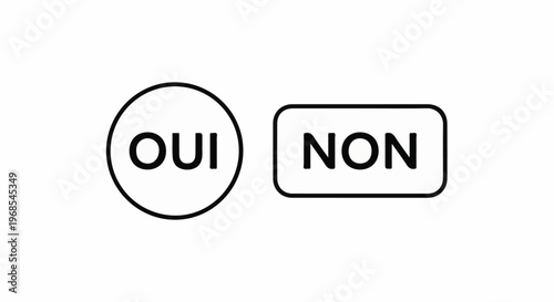 Circular and rectangular buttons with text 'OUI' and 'NON' on white