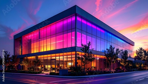 Modern architectural marvel - A glass building illuminated at twilight.