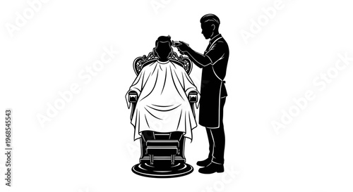 Black and white illustration of a man getting a haircut.