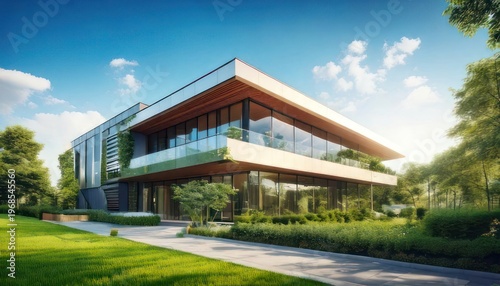 Modern architectural marvel - A luxurious house with stunning glass facade.