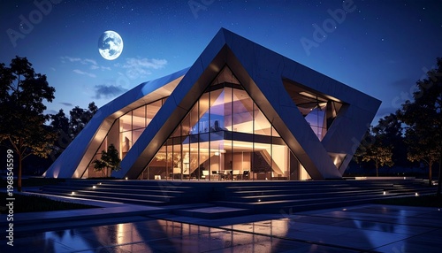 Modern Architectural Marvel - A Nighttime View of a Glass-Fronted House.