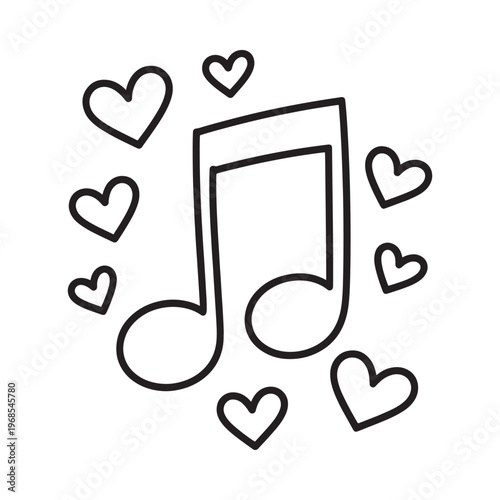 Musical note surrounded by hearts a charming black and white illustration