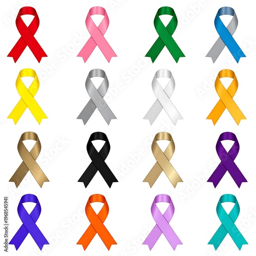 Collection of colorful looped ribbon graphics, each representing a cause or awareness campaign. Varieties include red, pink, green, blue, yellow, and more