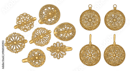 A collection of ten intricate gold filigree jewelry pieces, including rings and spherical earrings, is arranged on a white background.