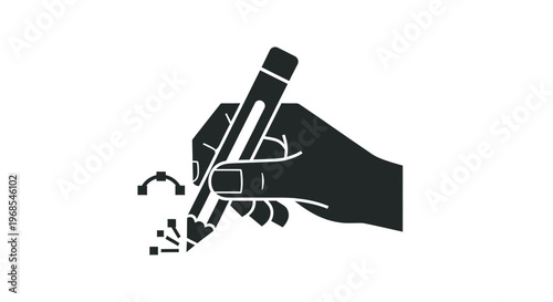 Black silhouette of a hand holding a pencil drawing geometric lines and anchor points representing vector graphic design and creativity.