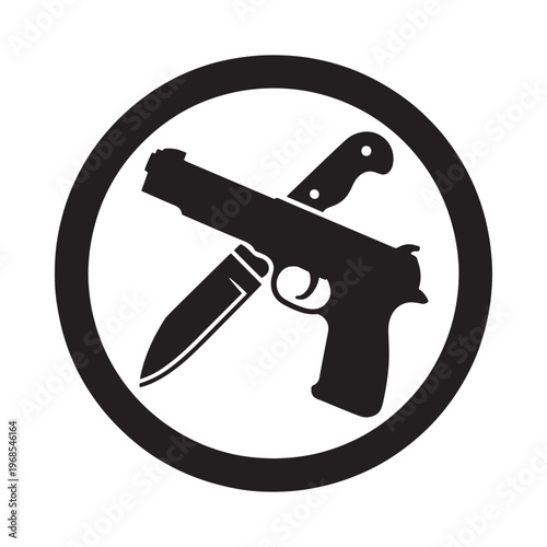 Black silhouette of a handgun and knife crossed within a circular frame