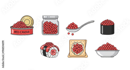 A vector graphic illustration of various red caviar food items and dishes