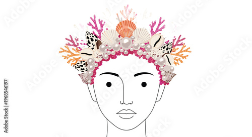 A minimalist line drawing of a human face wears an elaborate crown made of seashells, pearls, and coral on a white background.