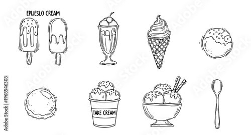 A vector graphic illustration of various ice cream treats and desserts in a simple line art style