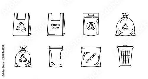 A set of vector graphic icons depicting various types of bags and trash cans for recycling and waste management