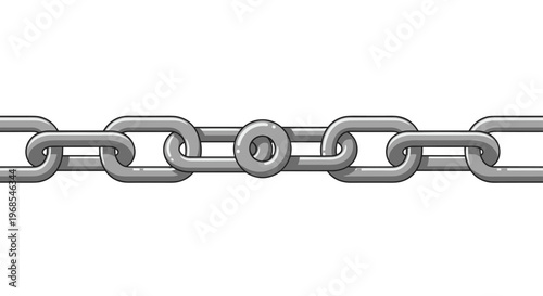 A seamless horizontal chain made of grey metal links, with one distinct central circular link, extends across a white background.