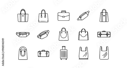 A collection of various handbag and luggage icons in a simple line art style