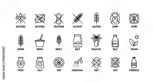 A set of black and white vector icons representing various food dietary restrictions and labels