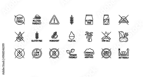 A set of black and white vector icons representing food labels and dietary restrictions