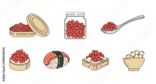 A vector graphic illustration of various sushi and food items filled with red and white ingredients in a flat minimal style