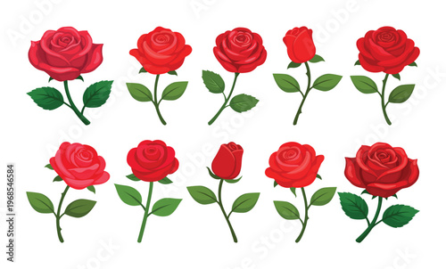 Red rose vector illustration with detailed petals and green leaves, isolated on white. Clean, modern floral graphic perfect for Valentine’s Day, wedding invitations, romance themes, branding, and prin