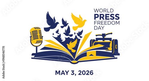 World Press Freedom Day conceptual illustration with open book and flying doves, isolated on background