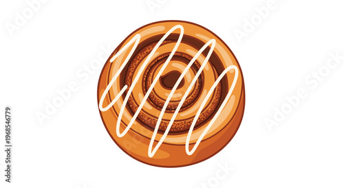 A single cinnamon roll with white icing is perfectly centered and viewed from directly above on a clean white background.