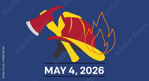 Firefighter helmet and axe with flames illustration, graphic element isolated on background