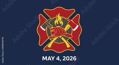 Firefighter Maltese Cross emblem with axe, helmet, and flames, isolated on background